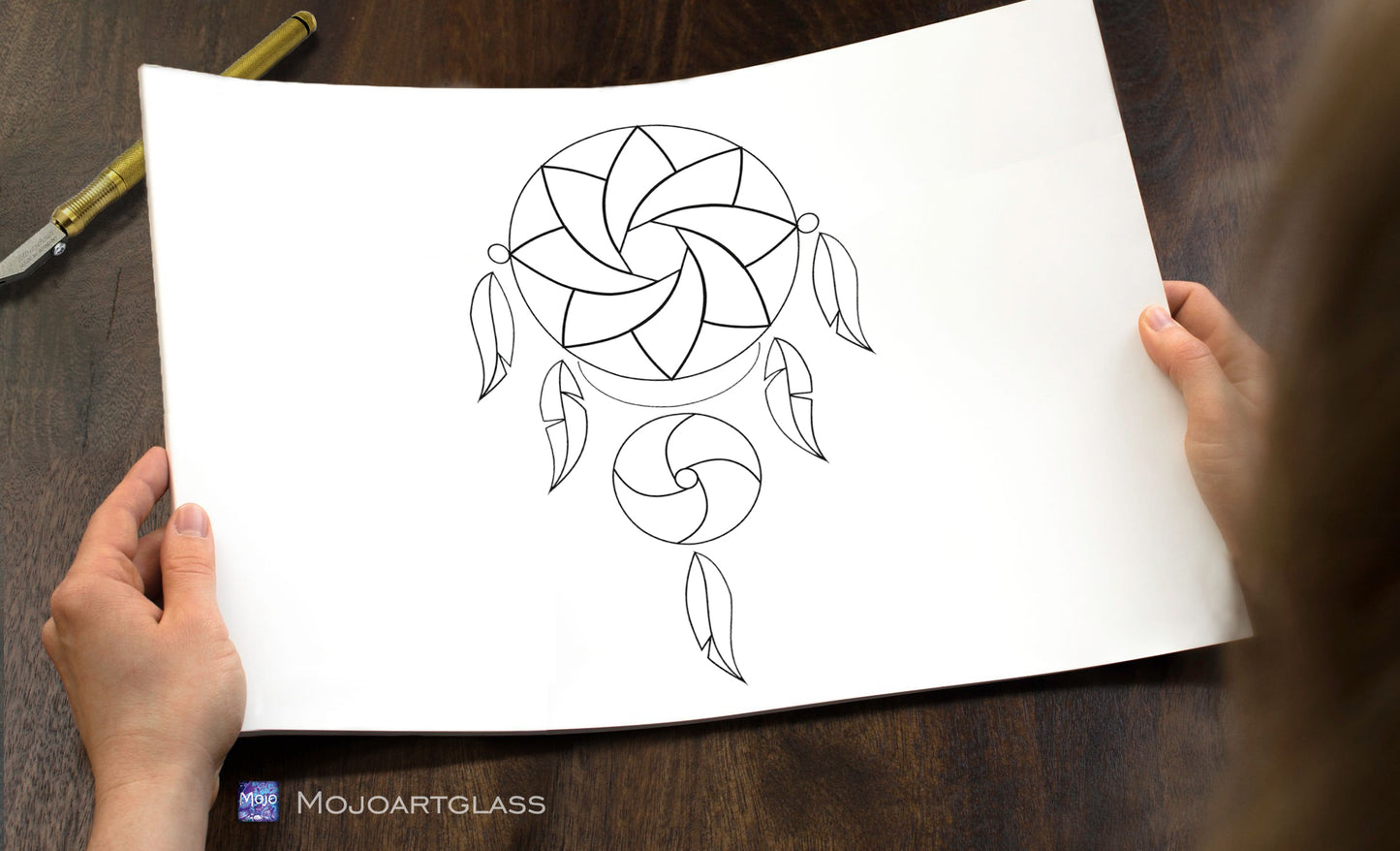 Dreamcatcher Stained Glass Pattern — Boho DIY Suncatcher Window Panel Template, svg psd Download