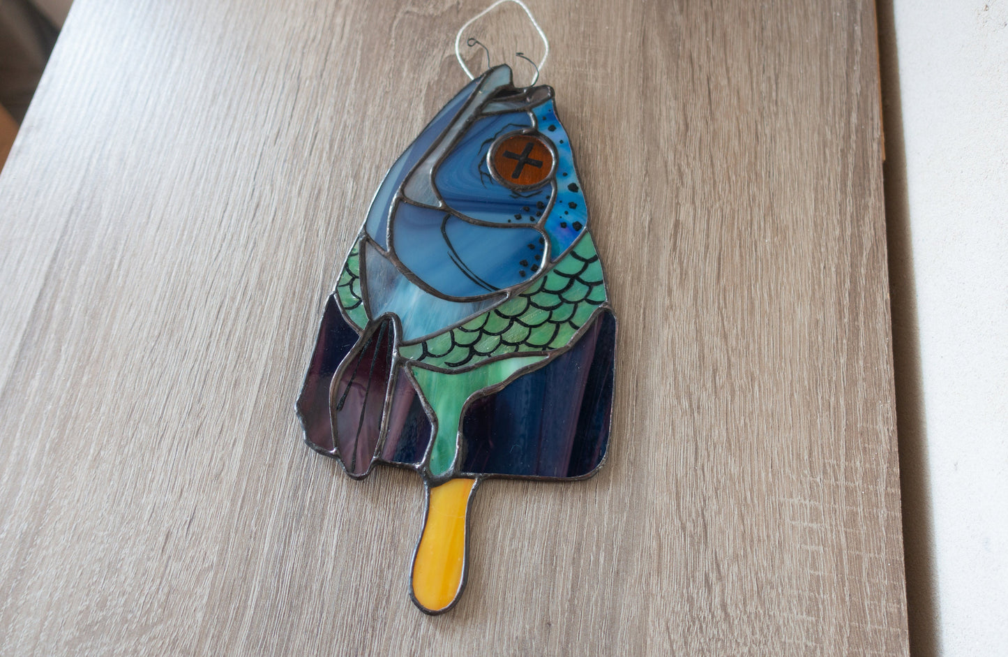 Fish ice cream suncatcher hanging in window — 315×160mm, quirky funny home decor