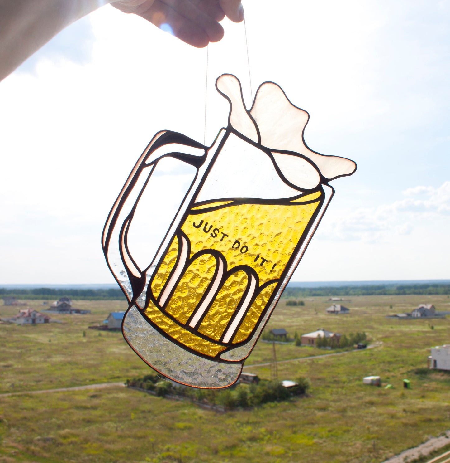 Golden amber glass beer glass suncatcher — copper foil Tiffany method, made in Ukraine