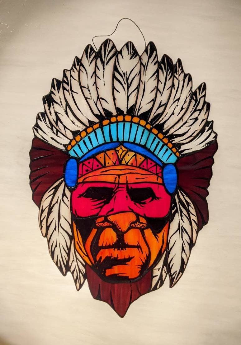 Stained Glass Suncatcher — Tribal Warrior Chief Portrait, Southwest Boho Window Hanging, Warrior Gift