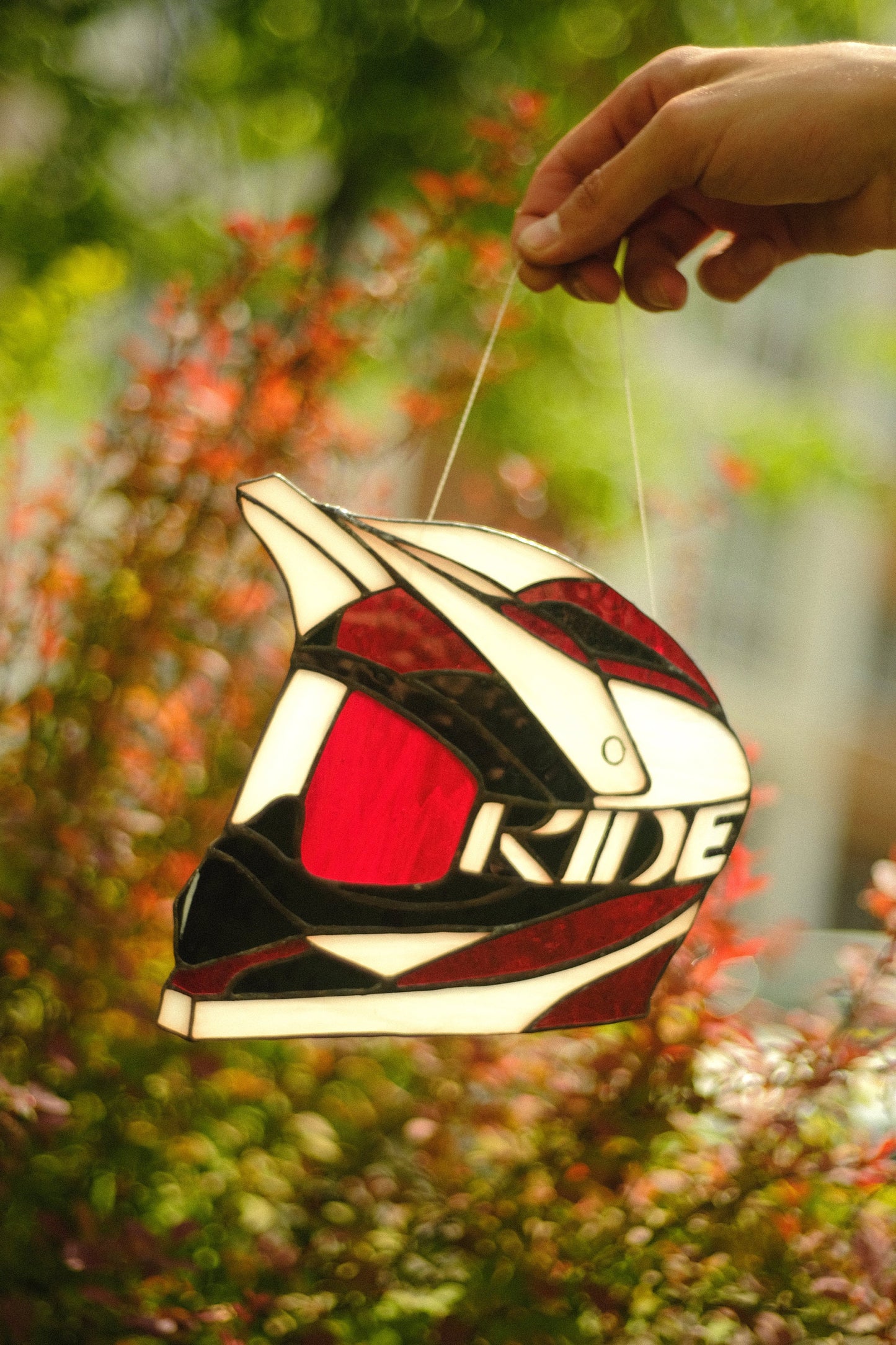 Full Face Helmet Stained Glass Suncatcher — Motocross Enduro Window Art, Biker Gift for Him