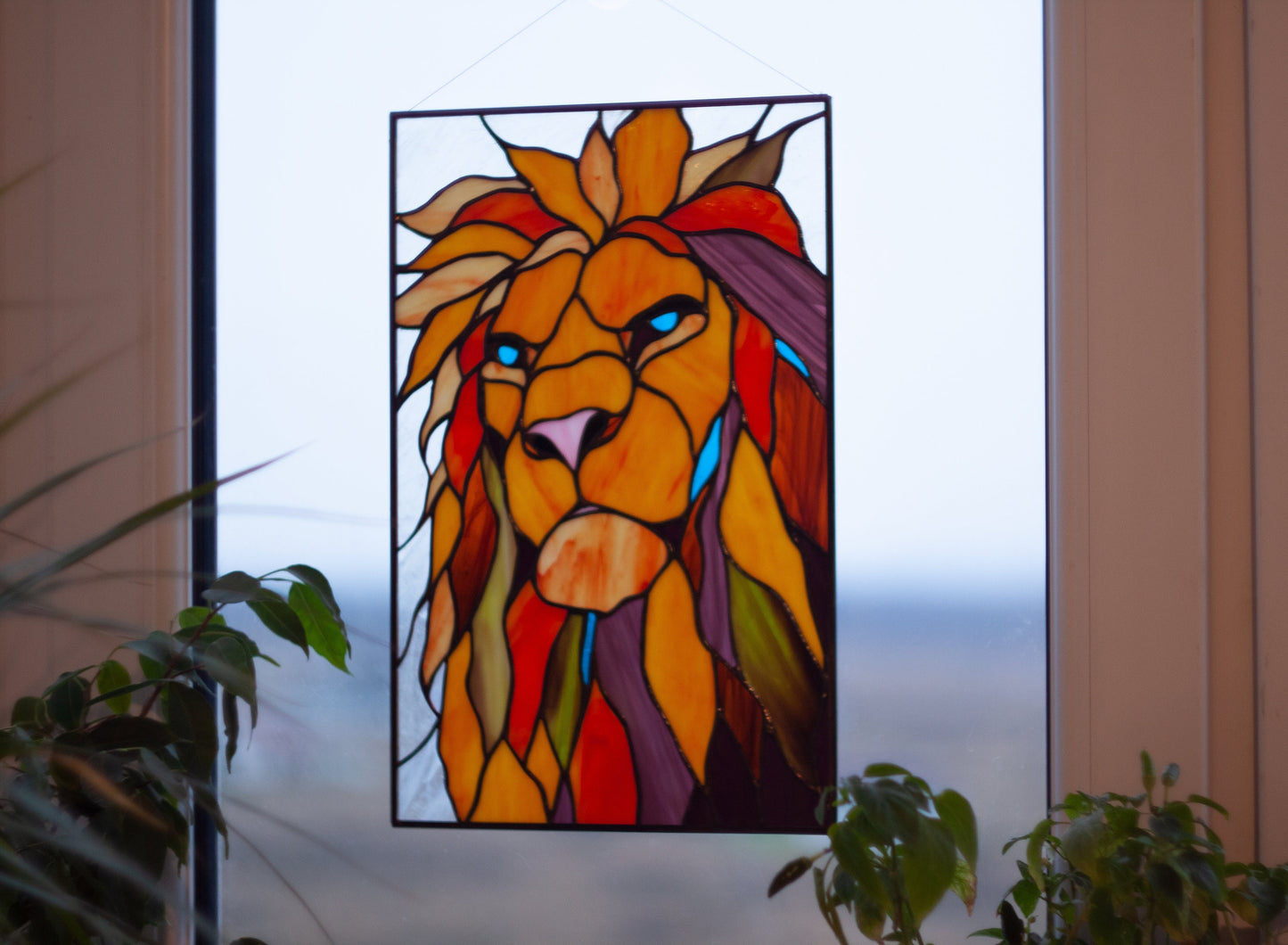 Stained Glass Panel — Abstract Geometric Lion, Boho Leo Window Hanging, Leo Birthday Gift