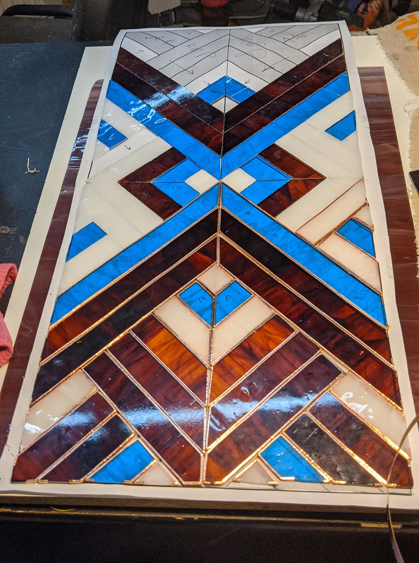 Stained Glass Window Panel — Art Deco Chevron Geometric, Bold Abstract Hanging, Modern Home Gift