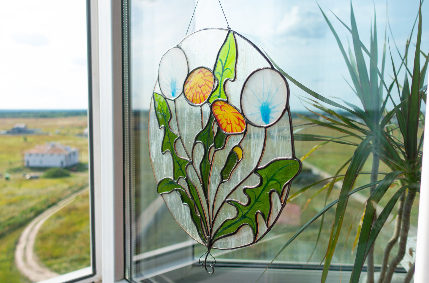 Dandelion Stained Glass Suncatcher — Round Spring Flower Window Art, Nature Lover Gift Her