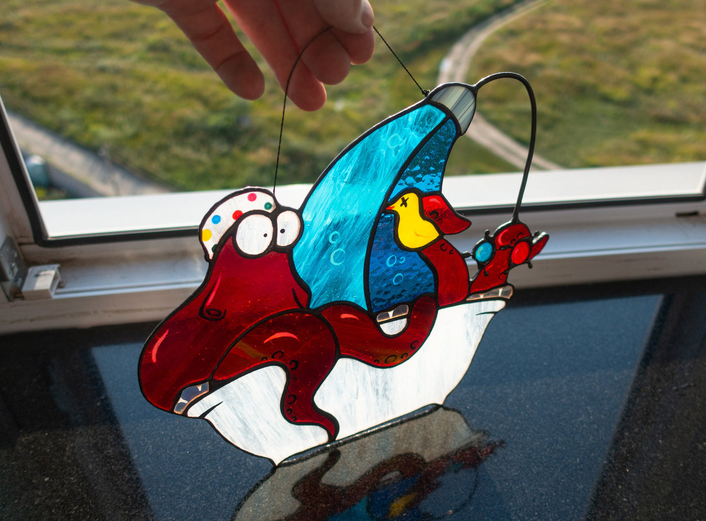 Octopus in Shower Suncatcher — Funny Bathroom Window Art, Quirky Ocean Gift, Weird Home Decor