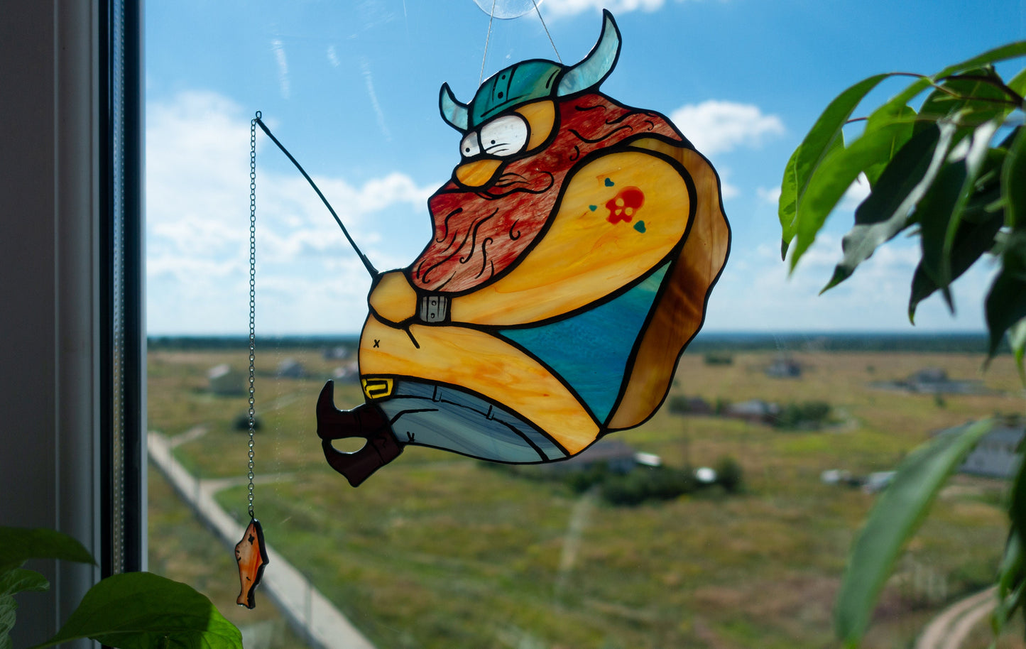 Viking Fishing Stained Glass Suncatcher — Chonky Norse Warrior, Funny Fishing Gift for Him