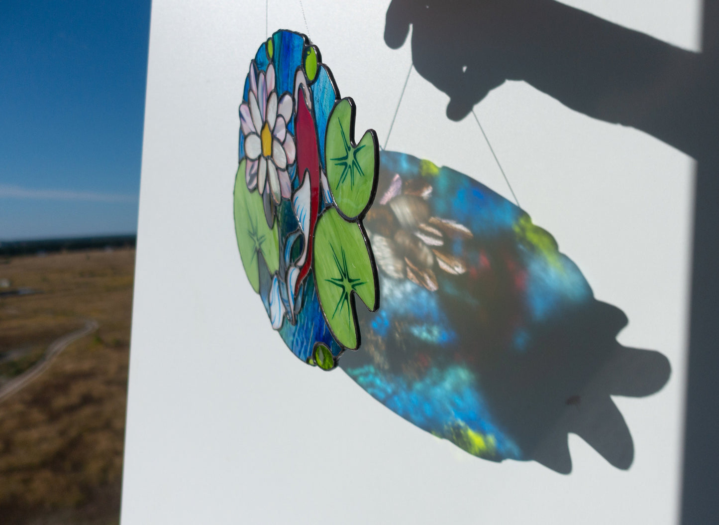 Koi Fish Stained Glass Suncatcher: Lotus Flower Window Hanging