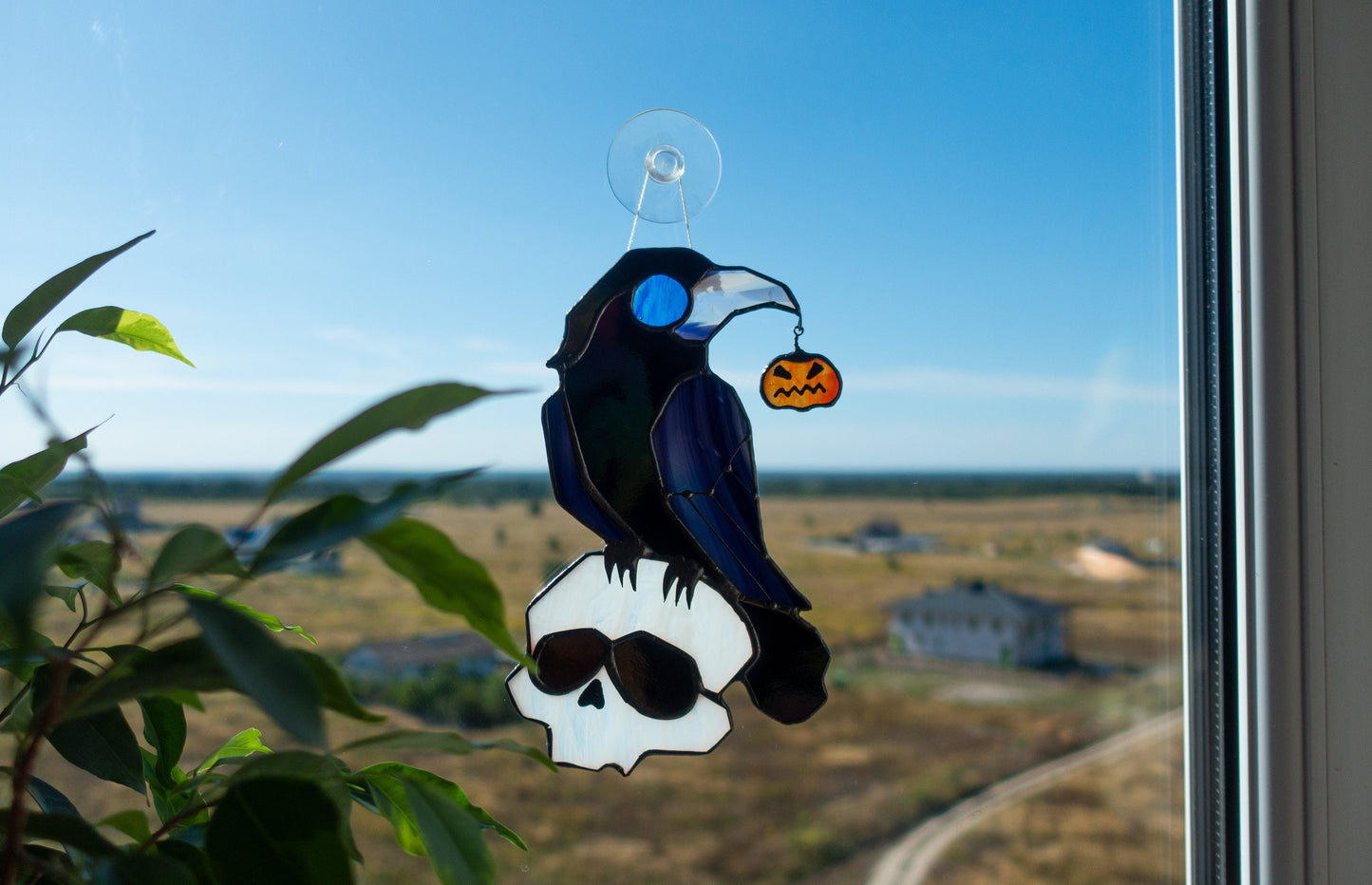 Halloween Crow on Skull Stained Glass Suncatcher — Gothic Raven Window Art, Spooky Horror Gift