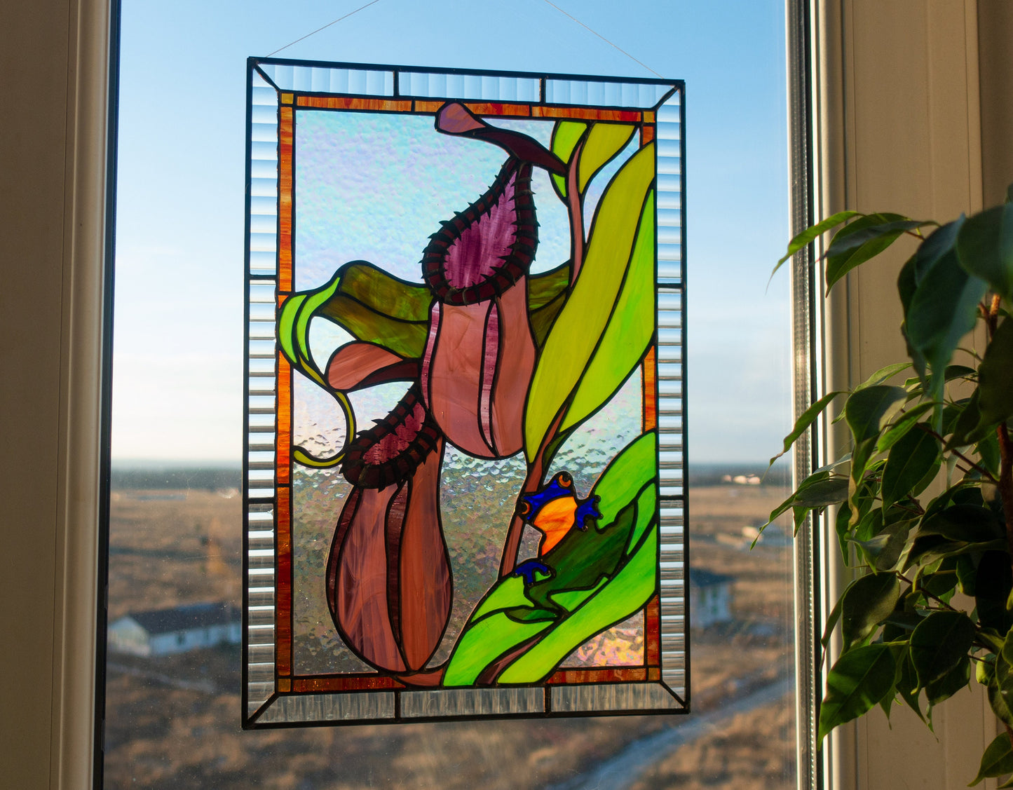 Nepenthes Pitcher Plant Stained Glass Panel — Blue Frog Carnivorous Plant, Botanical Window Art