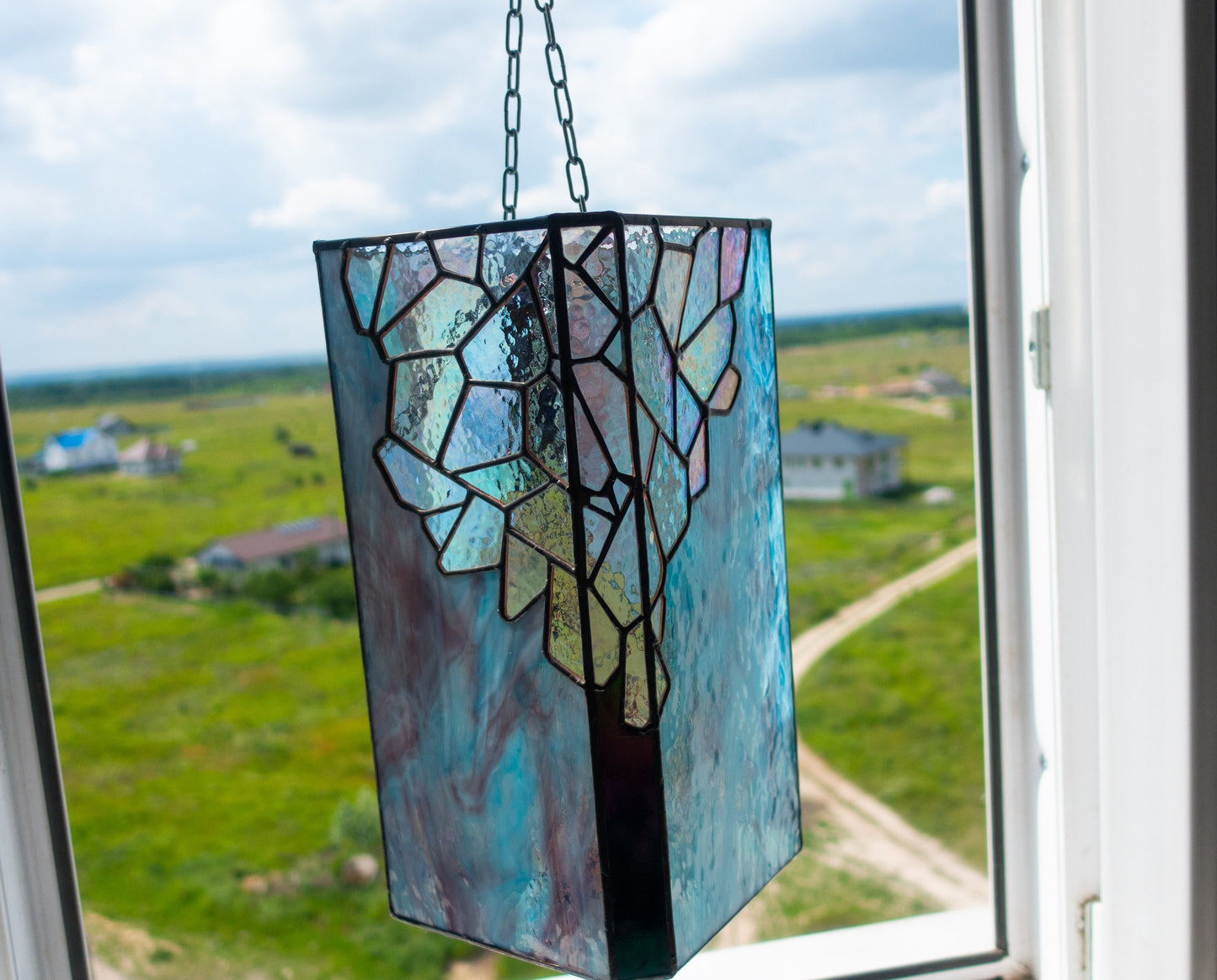 Geometric Stained Glass Lamp — Handmade Octagon Art Deco Light, Custom Table or Wall Lamp
