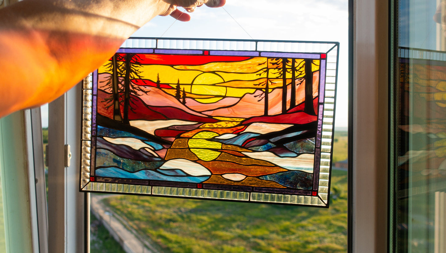 Stained Glass Window Panel — Landscape Mountain Sunset, Large Window Hanging, Housewarming Gift