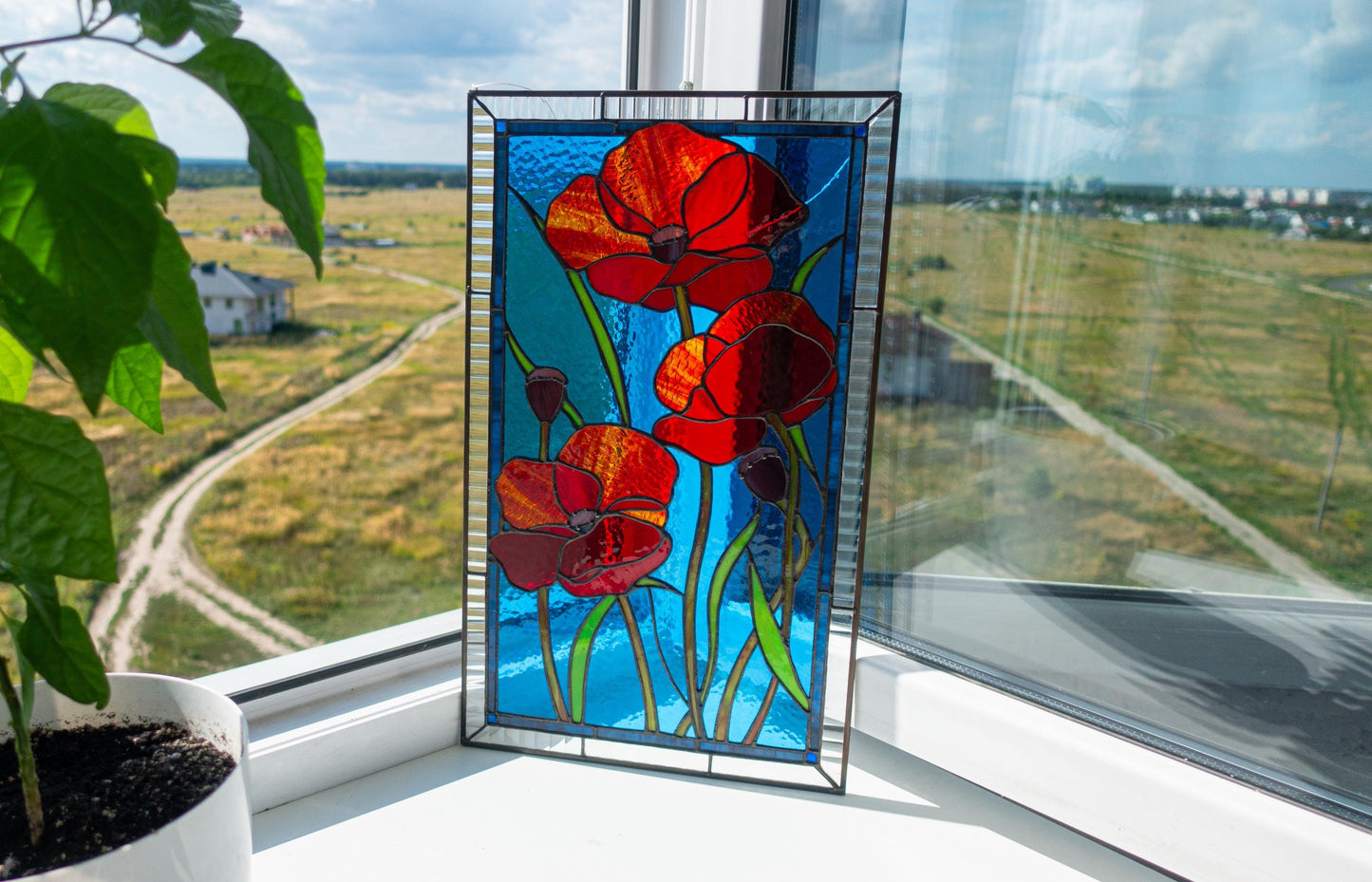 Red Poppies Stained Glass Panel — Wildflower Window Hanging, August Birth Flower Gift Her