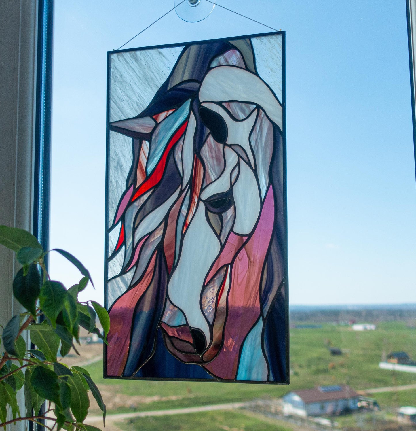 Unrestrained Mustang Horse Stained Glass Window Panel | Suncatcher Decor