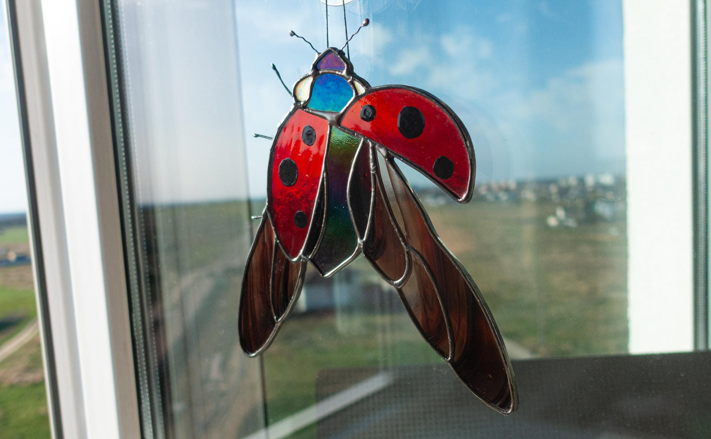 Stained Glass Ladybug Suncatcher — Red Bug Window Hanging, Good Luck Gift, Spring Home Decor