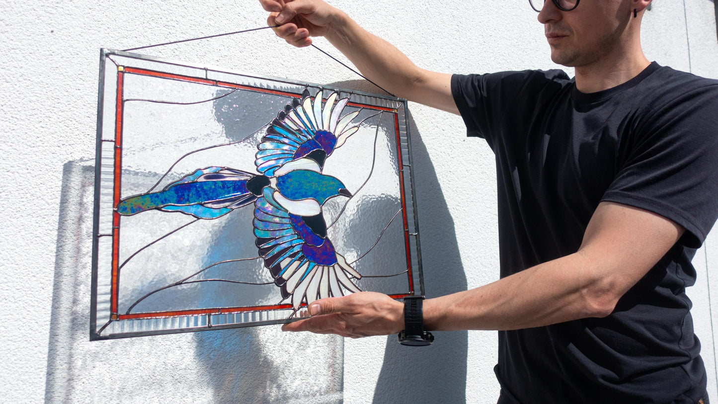 Soaring Magpie Stained Glass Pattern — Iridescent Bird in Flight DIY Panel Template, svg psd Download
