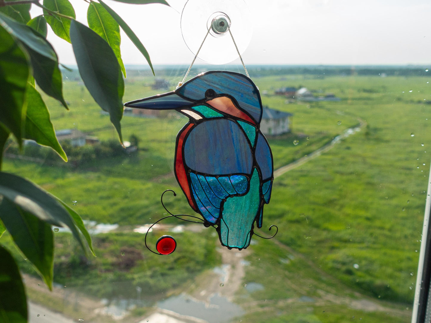 Kingfisher Stained Glass Suncatcher — Iridescent Blue Bird Window Art, Birdwatcher Nature Gift