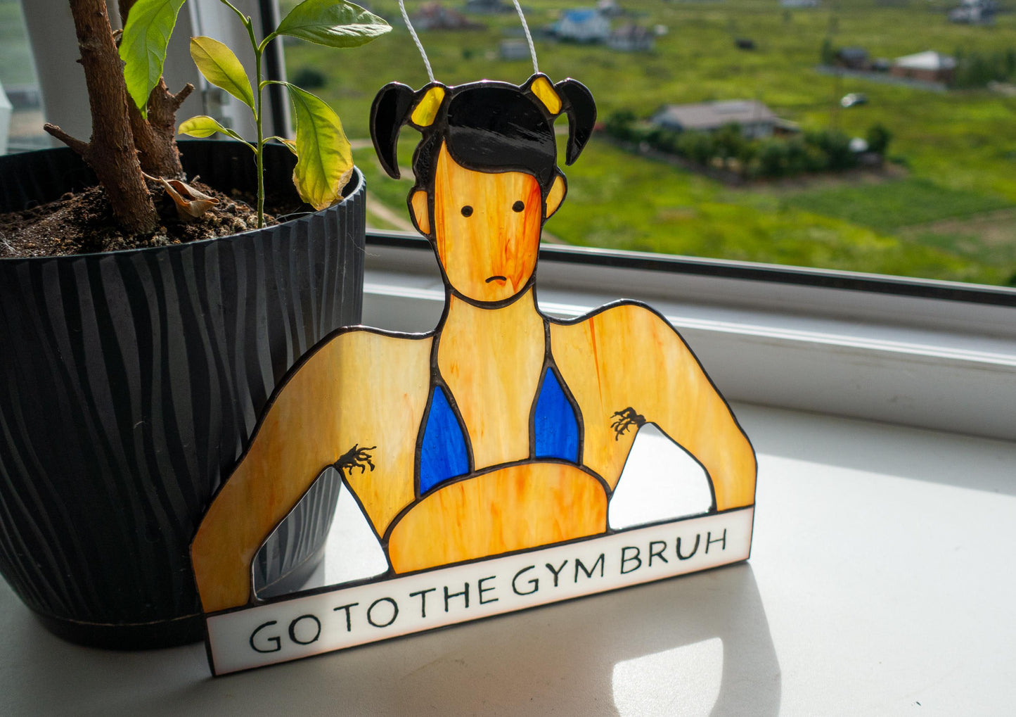 Stained Glass Bodybuilder Suncatcher — 90s Gym Humor, Vintage Fitness Window Art, Gym Rat Gift