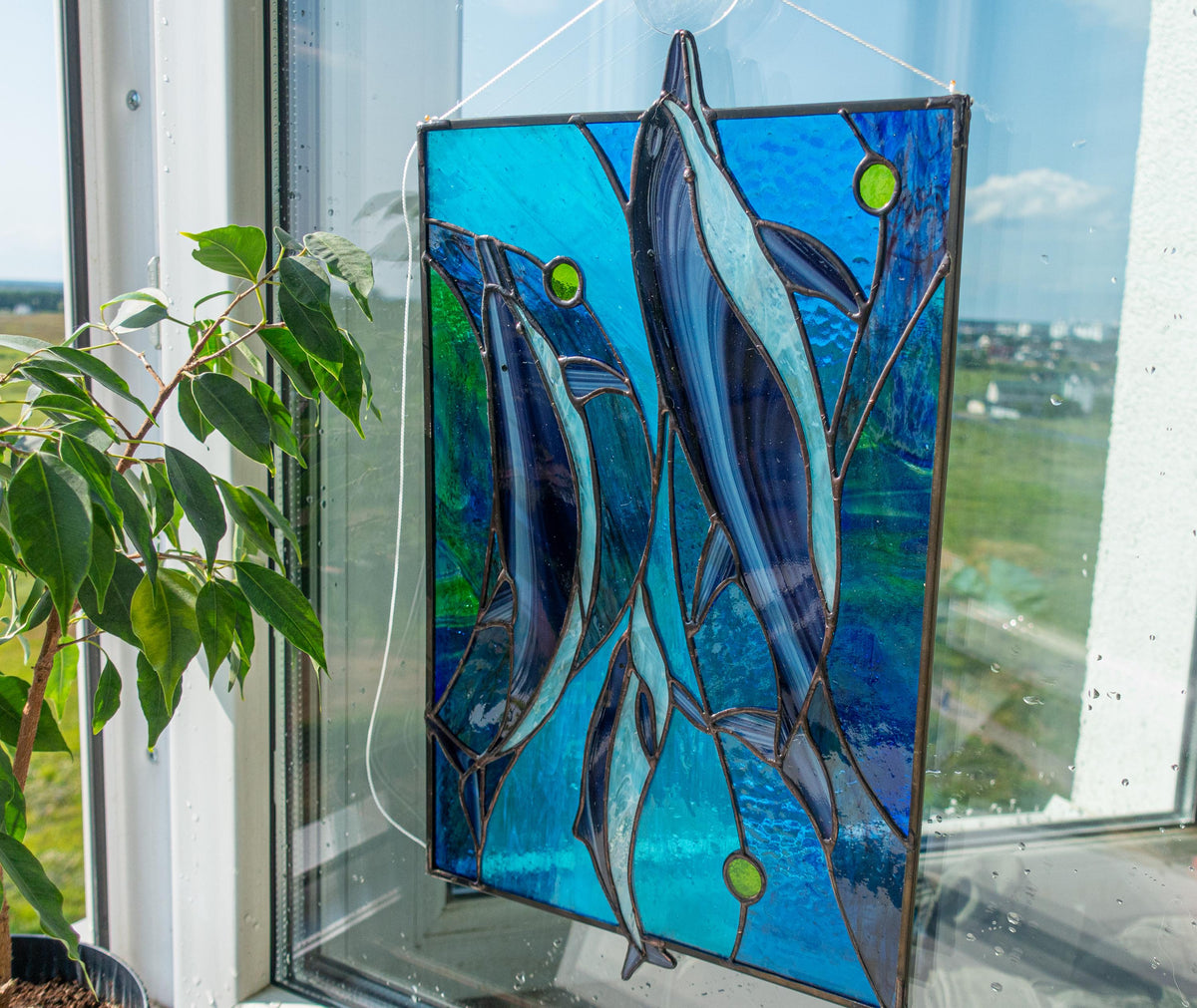 Dolphin Family Stained Glass Window Panel Pattern (PSD Digital Download)