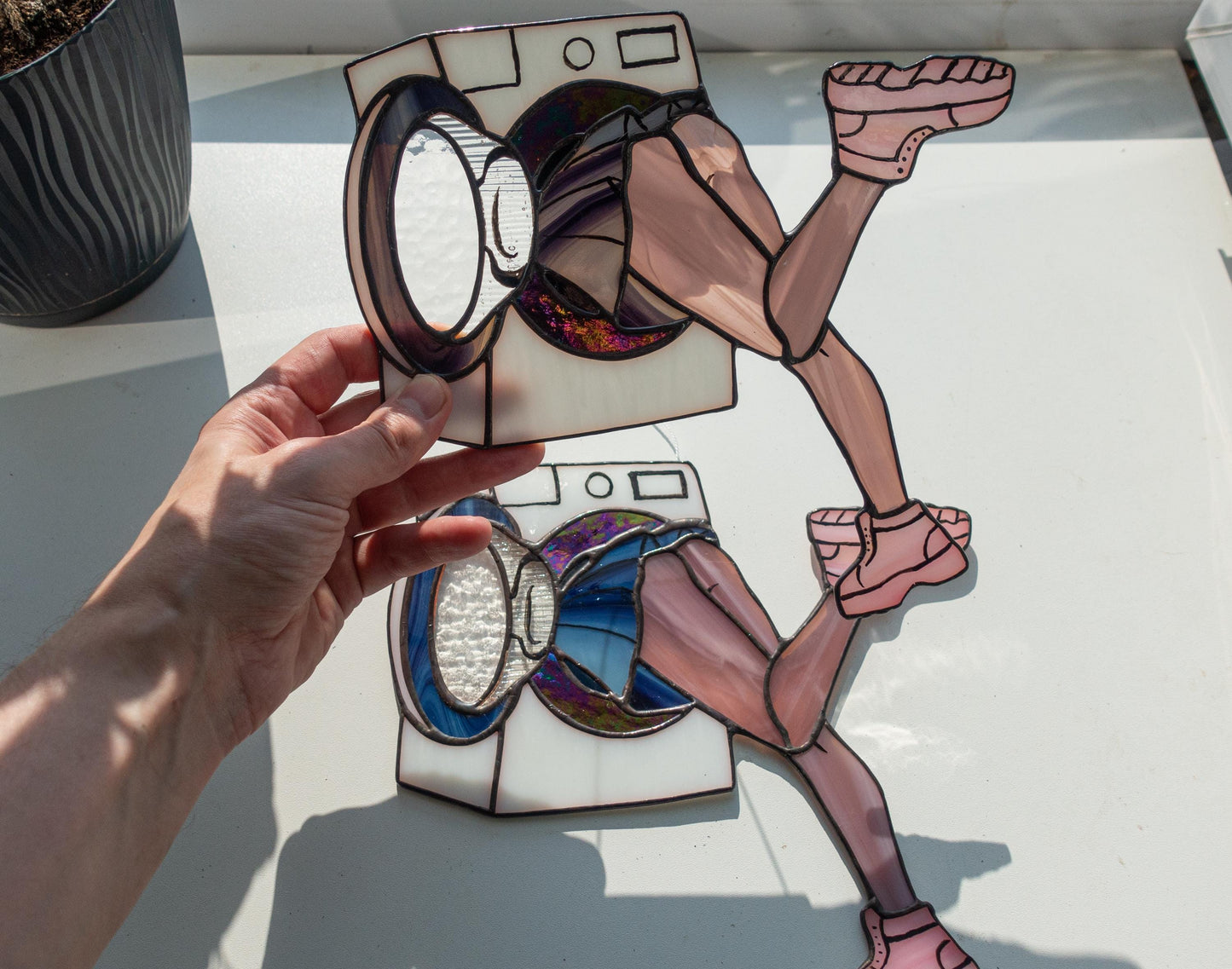 Stuck in Washing Machine Suncatcher — Funny Meme Window Art, Weird Home Decor, Humor Gift