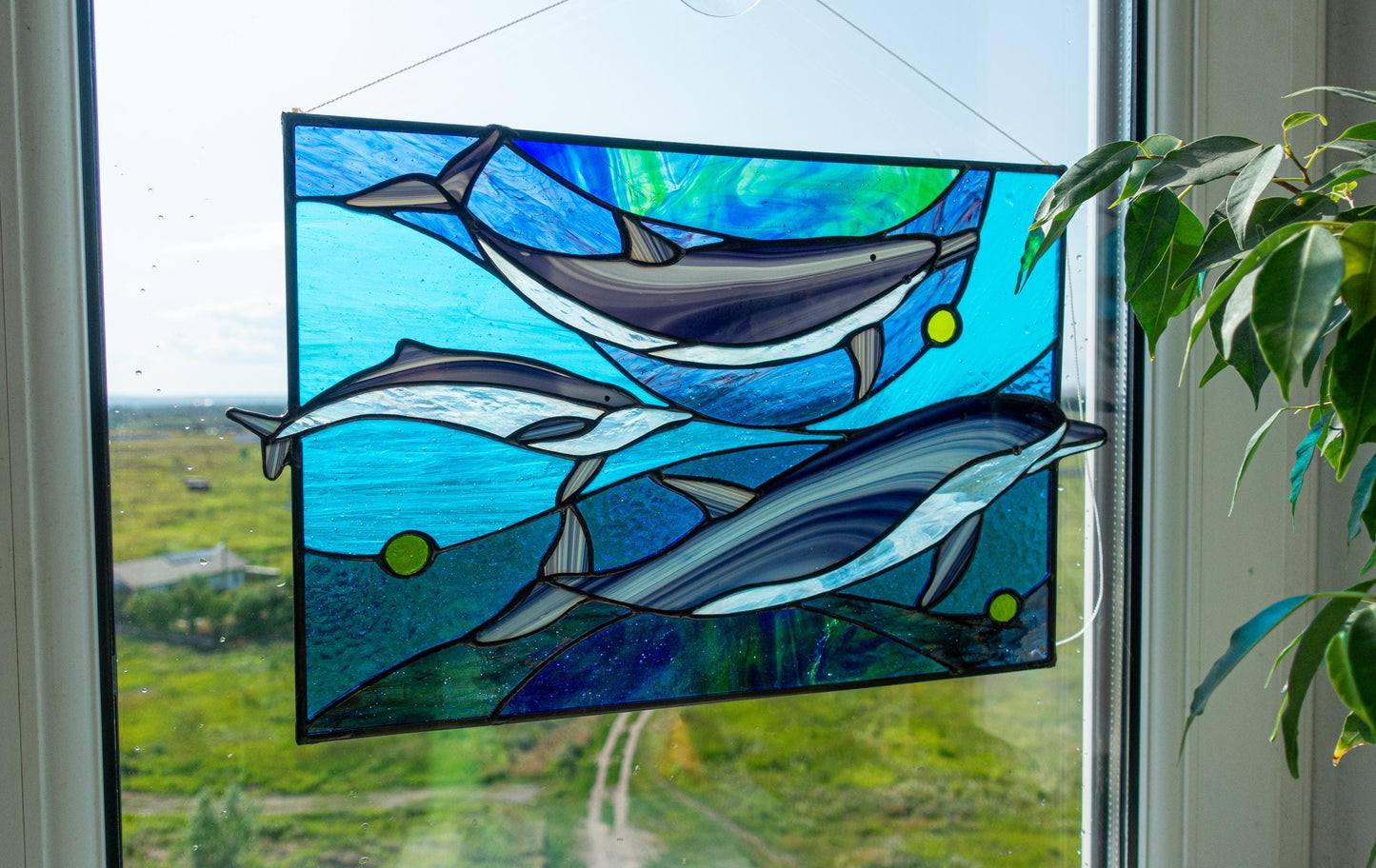 Stained Glass Window Panel — Dolphin Family Ocean, Nautical Window Hanging, Beach House Gift