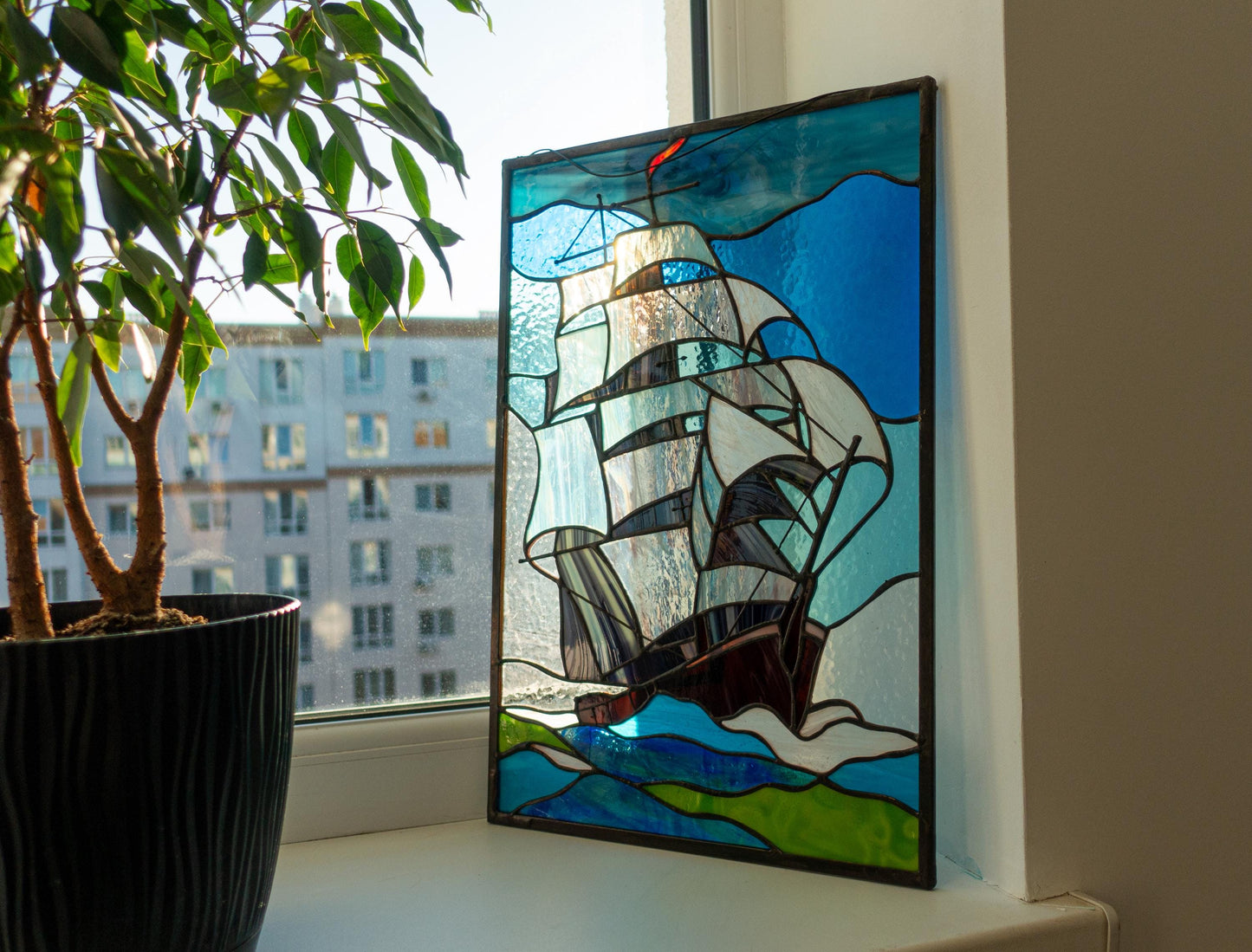 Stained Glass Window Panel — Sailing Ship Seascape, Nautical Ocean Hanging, Sailor Boat Gift
