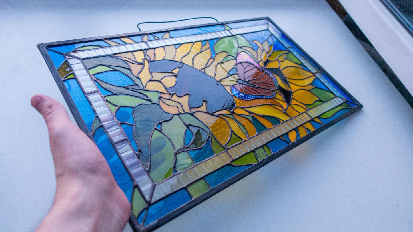Sunflower Butterfly Stained Glass Pattern — Floral Garden DIY Suncatcher Template, svg psd Download