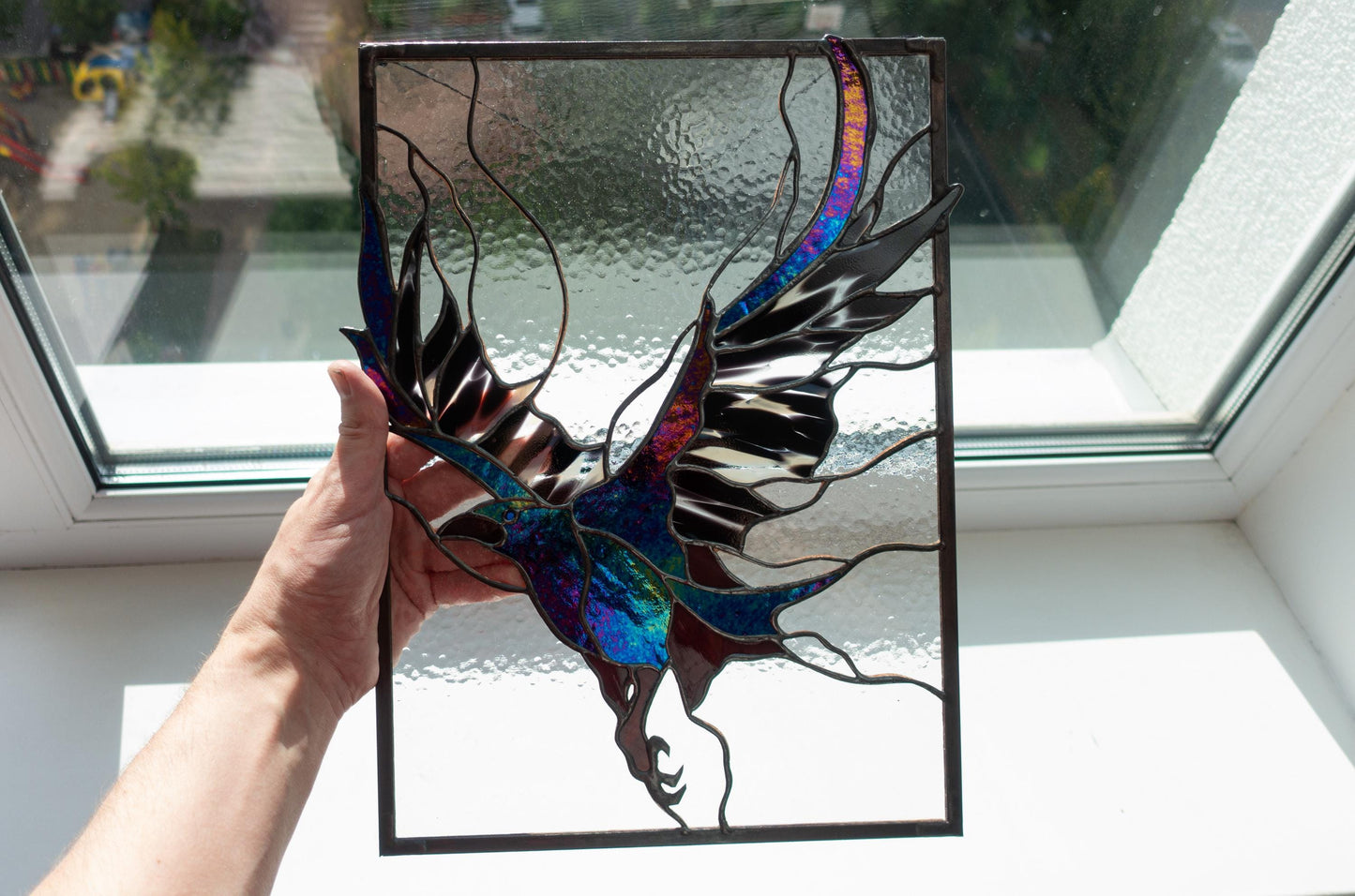 Stained Glass Panel — Gothic Raven Black Bird, Dark Academia Window Hanging, Witchy Home Gift