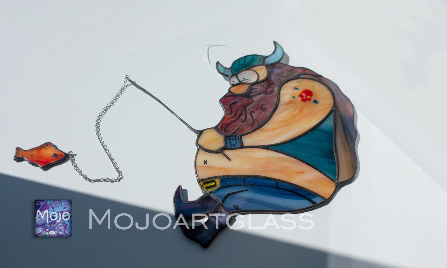Viking Fishing Stained Glass Pattern — Funny Norse DIY Suncatcher Template, svg psd Download