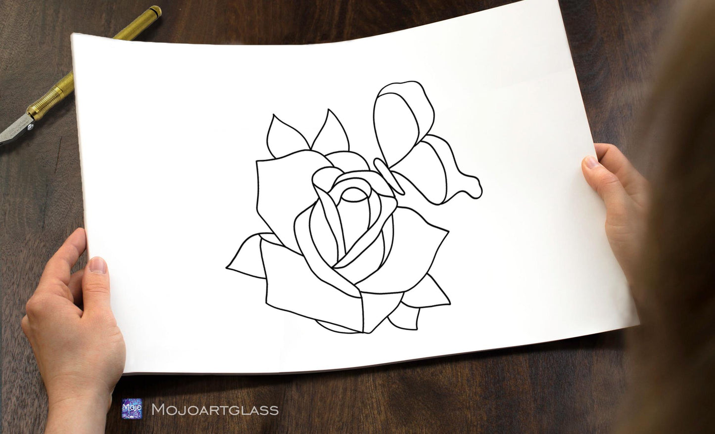 Rose and Butterfly Stained Glass Pattern — Romantic Floral DIY Suncatcher Template, svg psd Download