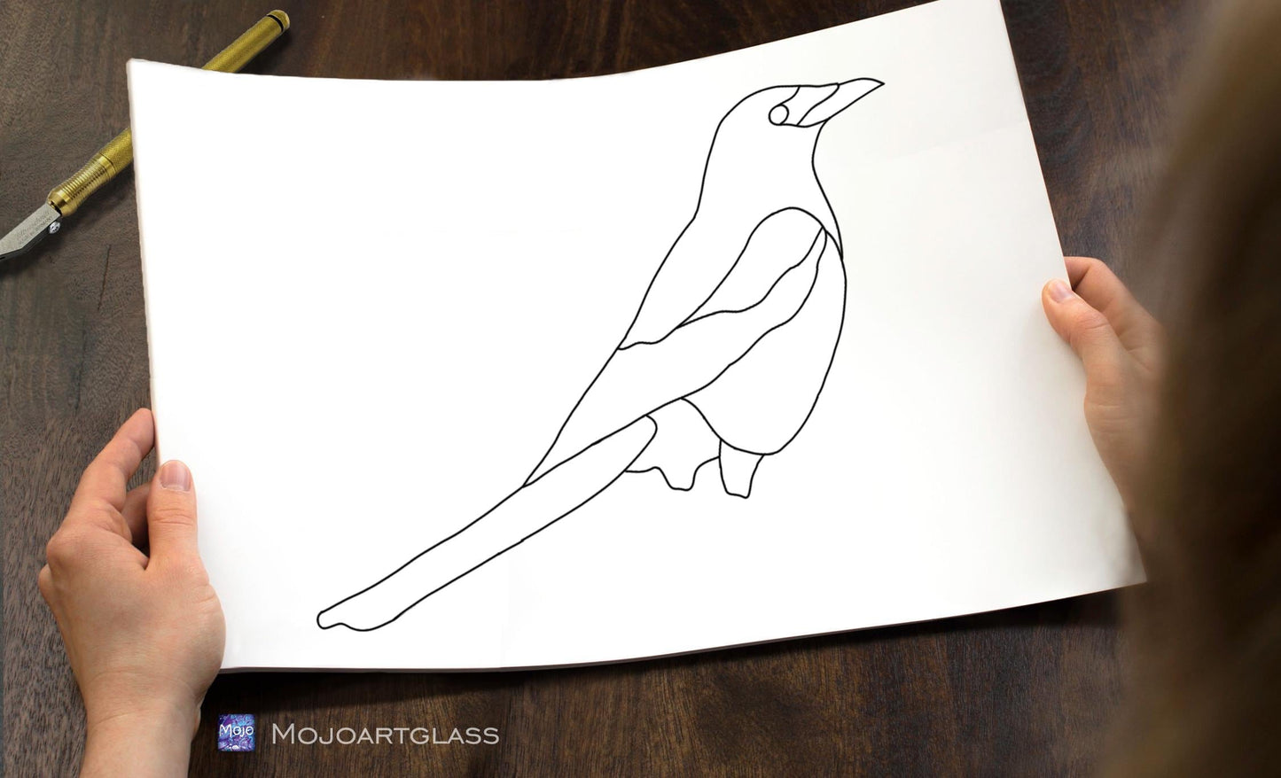 Magpie Sculpture Stained Glass Pattern — Bird on Stand DIY Template, Iridescent svg psd Download