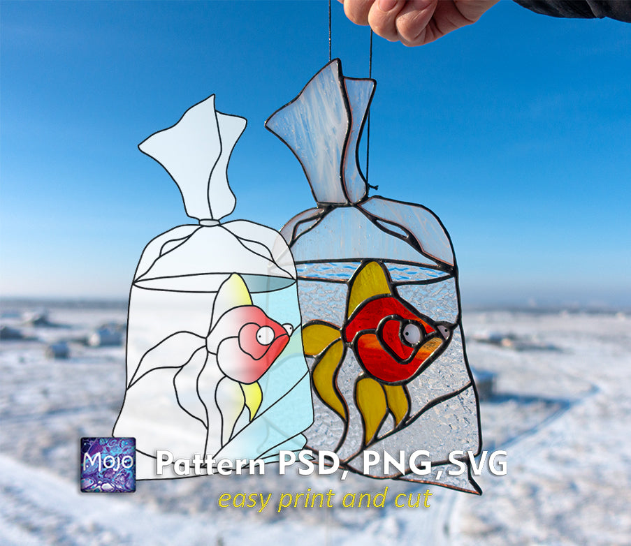 Digital pattern PSD SVG Goldfish in a package Stained glass suncatcher, Home decoration from Ukraine