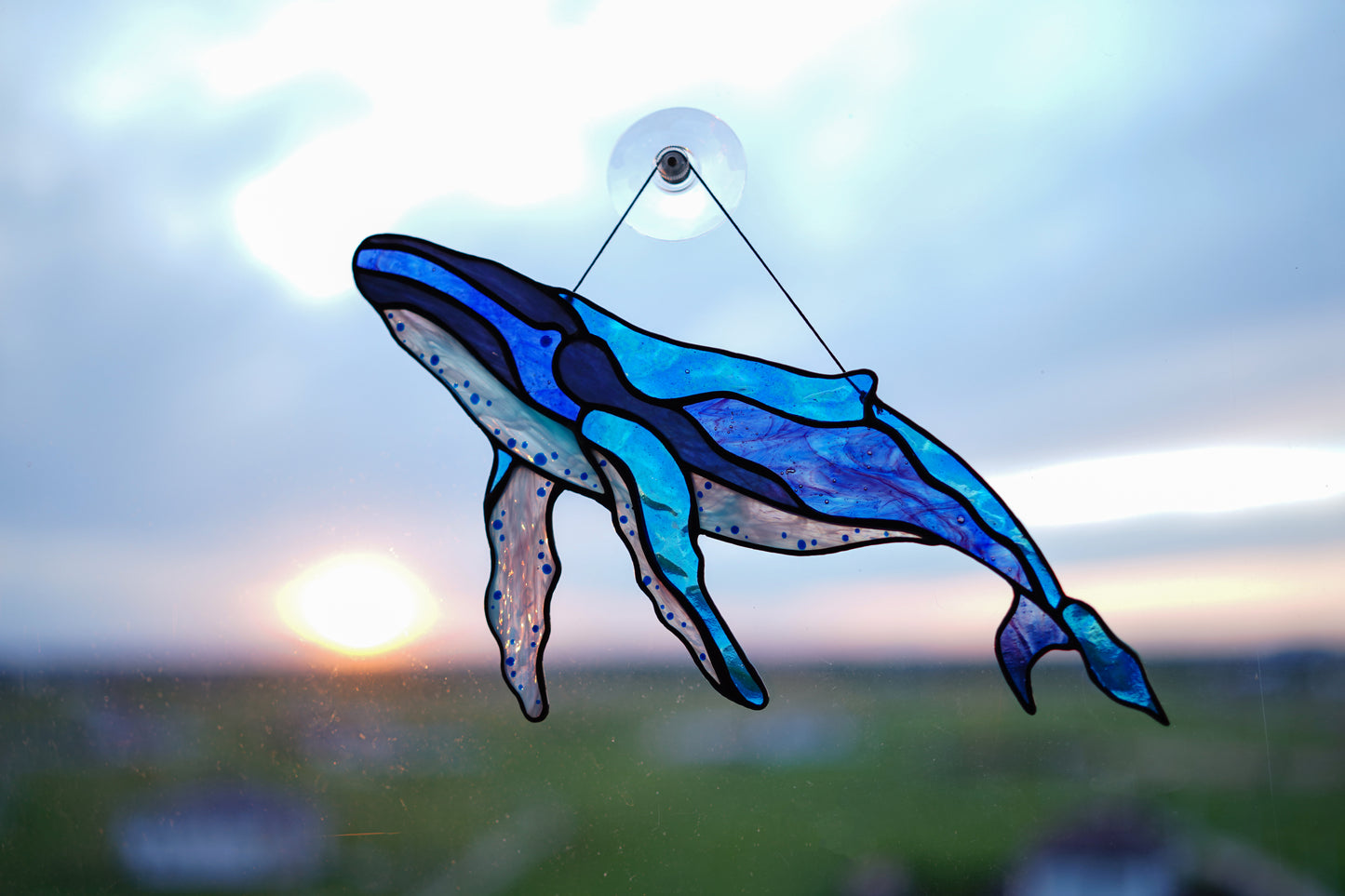 Stained Glass Suncatcher — Humpback Whale, Ocean Nautical Window Hanging, Beach House Gift