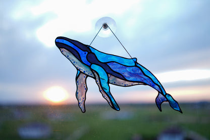 Stained Glass Suncatcher — Humpback Whale, Ocean Nautical Window Hanging, Beach House Gift