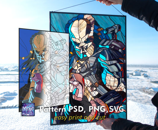 Alien Hunter Stained Glass Pattern — Sci-Fi DIY Suncatcher Template, svg psd Download