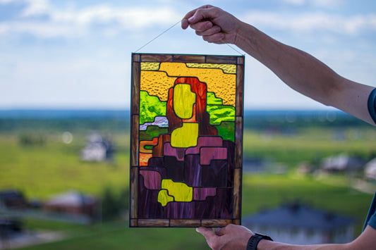 Stained Glass Panel — Geometric Mona Lisa Abstract Art, Pop Art Window Hanging