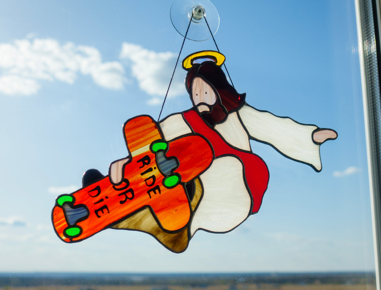 Jesus Skater Stained Glass Suncatcher — Indie Grab Trick Window Art, Funny Skate Gift
