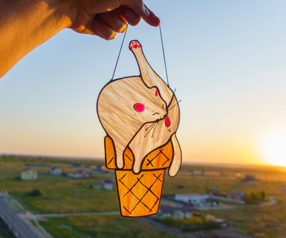 Cat Ice Cream Suncatcher — Funny Stained Glass Window Decor, Quirky Cat Gift