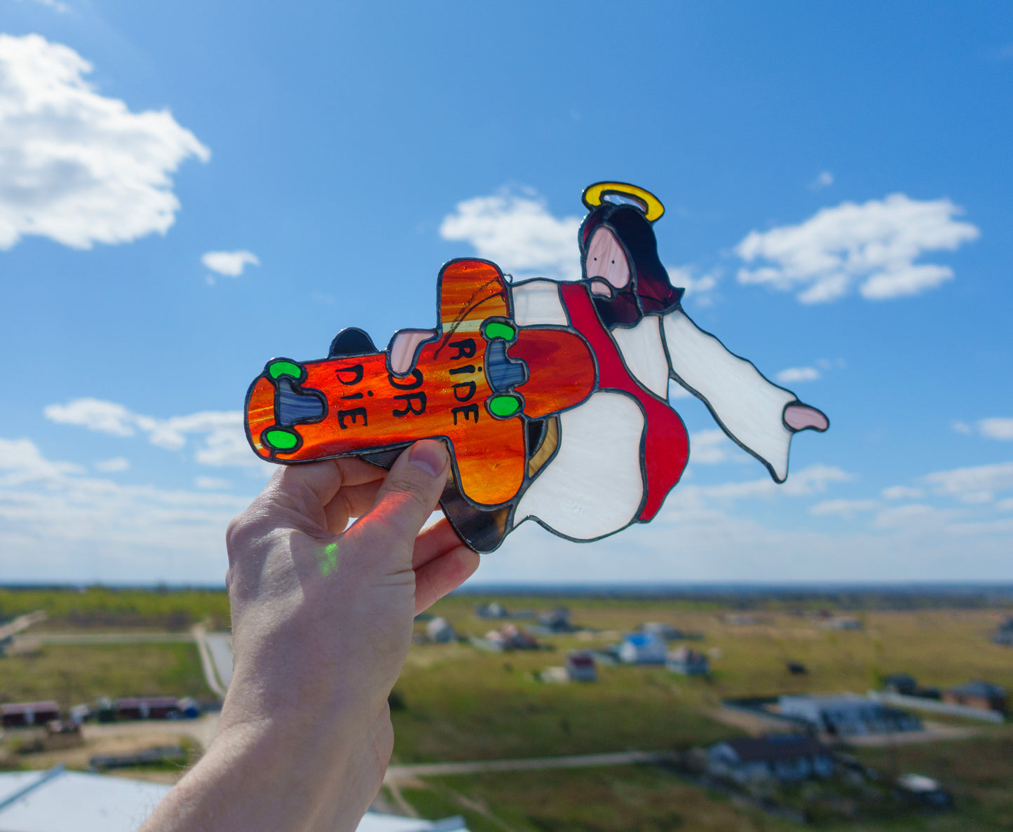 Jesus Skater Stained Glass Suncatcher — Indie Grab Trick Window Art, Funny Skate Gift