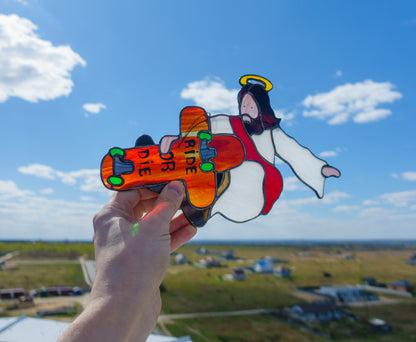 Jesus Skater Stained Glass Suncatcher — Indie Grab Trick Window Art, Funny Skate Gift