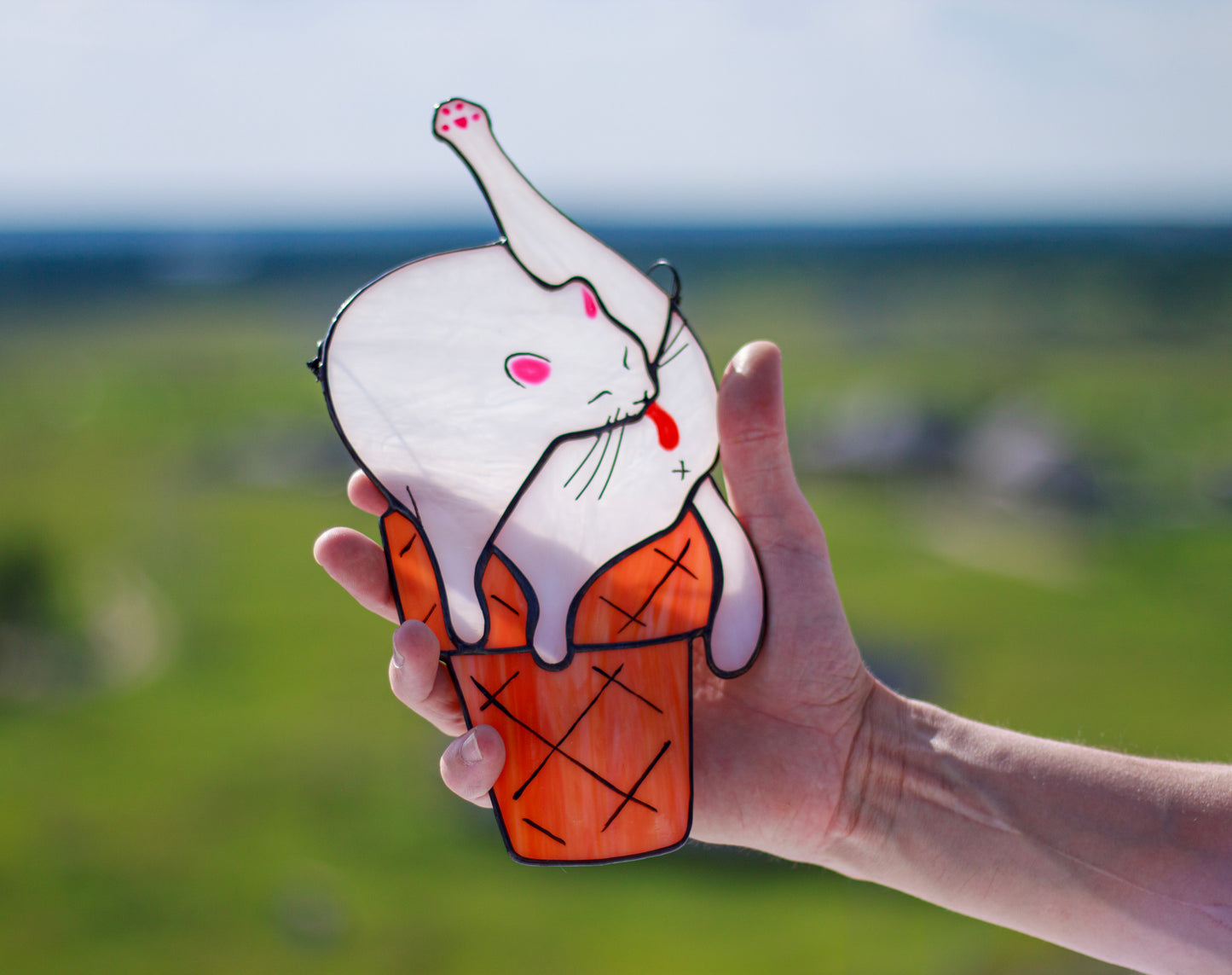 Cat Ice Cream Suncatcher — Funny Stained Glass Window Decor, Quirky Cat Gift