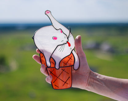 Cat Ice Cream Suncatcher — Funny Stained Glass Window Decor, Quirky Cat Gift