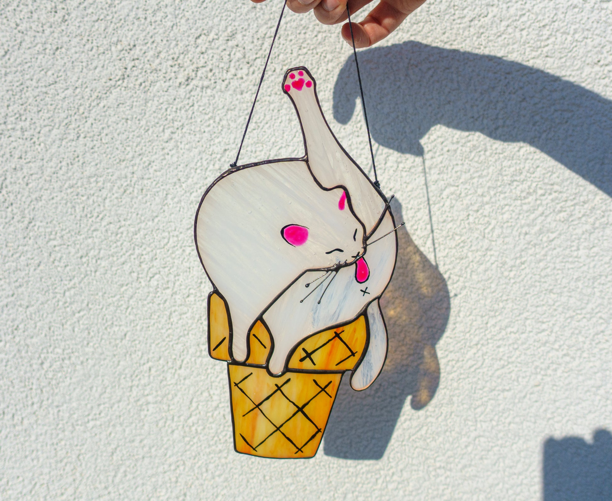 Handmade Stained Glass Cat Ice Cream Suncatcher — Funny Cute Window Art for Cat Lovers