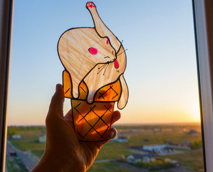 Cat Ice Cream Suncatcher — Funny Stained Glass Window Decor, Quirky Cat Gift