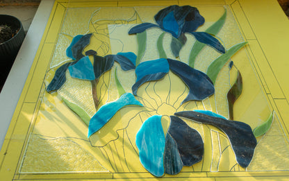Blue Iris Stained Glass Pattern — Tiffany Floral Panel DIY Template, svg psd Download