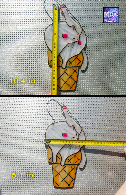 Cat Ice Cream Suncatcher — Funny Stained Glass Window Decor, Quirky Cat Gift