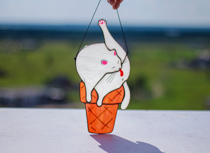 Cat Ice Cream Suncatcher — Funny Stained Glass Window Decor, Quirky Cat Gift