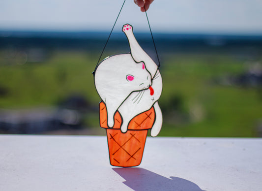 Cat Ice Cream Suncatcher — Funny Stained Glass Window Decor, Quirky Cat Gift