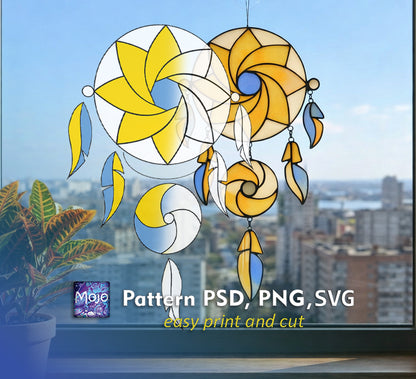 Dreamcatcher Stained Glass Pattern — Boho DIY Suncatcher Window Panel Template, svg psd Download