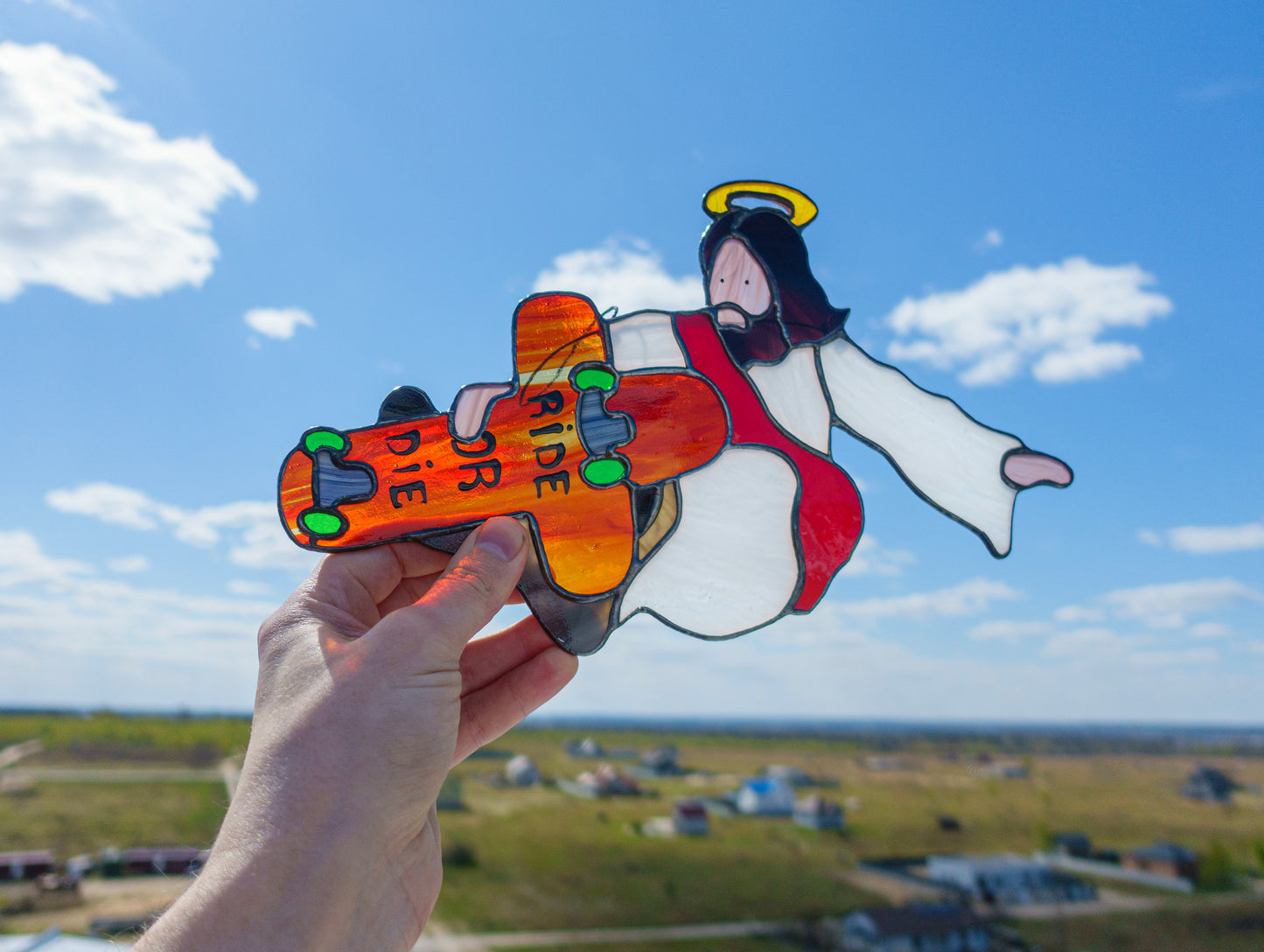 Jesus Skater Stained Glass Suncatcher — Indie Grab Trick Window Art, Funny Skate Gift
