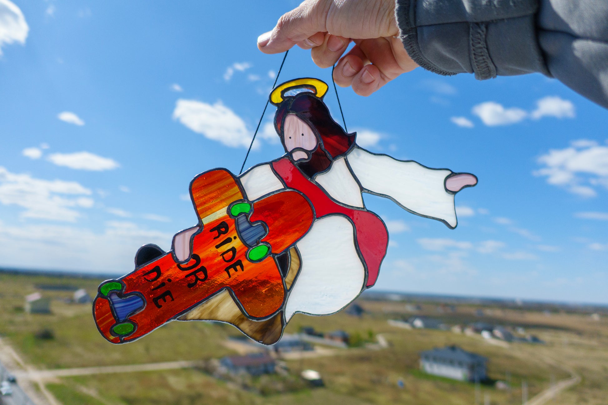 Jesus Skater Handmade Stained Glass Suncatcher — Funny Window Art Gift